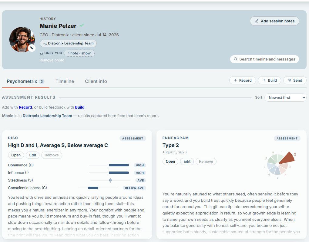 A sample client's Psychometrix profile, showing a DISC result with scored dimensions and an Enneagram type with its wheel, each with written interpretation.