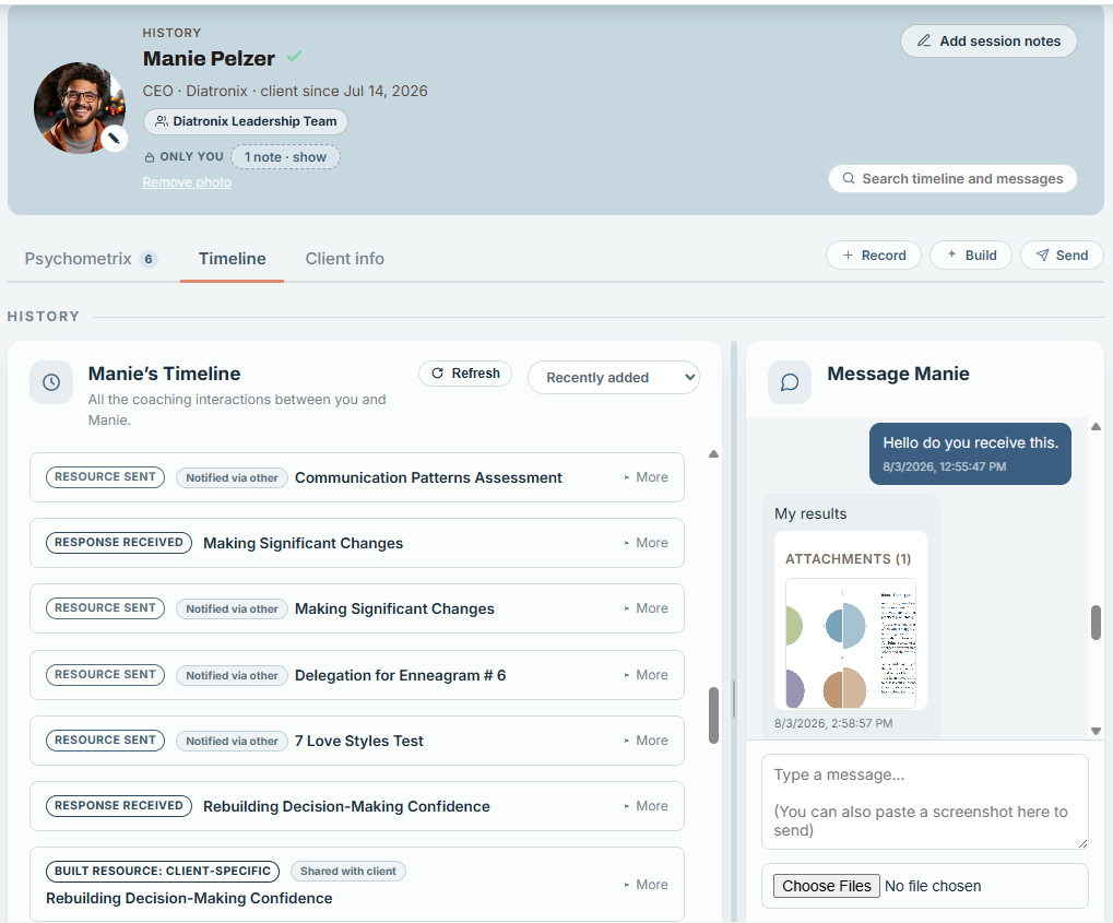 A client record in Coaching Workbench, showing a sample client's coaching timeline of resources sent and responses received, alongside the message thread.