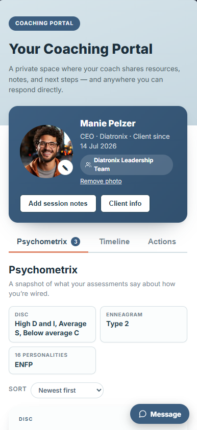 The client portal on a phone, as a sample client sees it: their own results, tabs for their timeline and actions, and a button to message their coach.