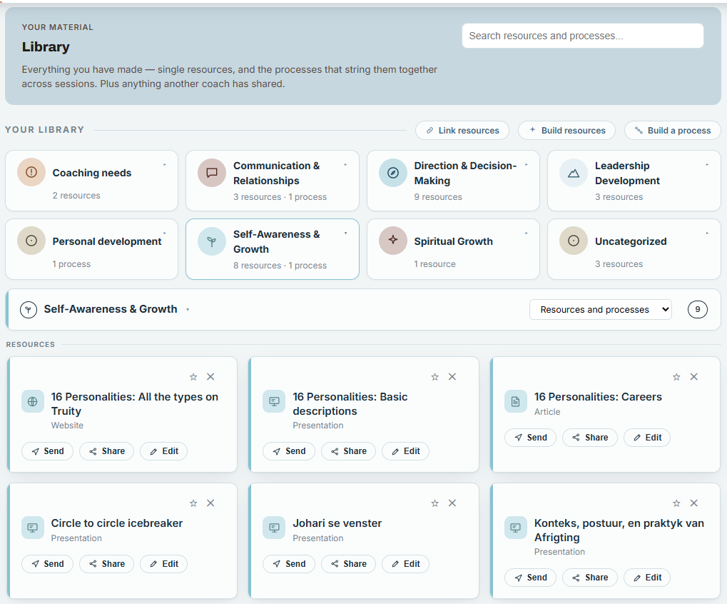 The resource library, showing coaching resources grouped into categories such as Communication and Relationships, Leadership Development and Self-Awareness and Growth, with controls to build resources and build a process.